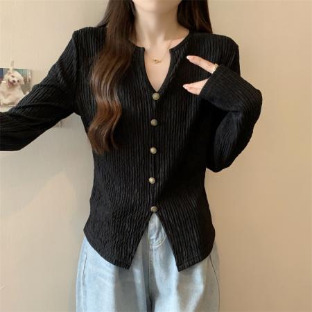 FA37333# 大码胖mm秋季新款长袖V领t恤女韩版时尚别致小众黑色开衫上衣 服裝批發女裝批發服飾貨源