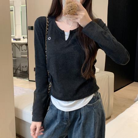 FA37334# 大码假两件拼接内搭长袖T恤女秋季新款设计感褶皱休闲别致潮 服裝批發女裝批發服飾貨源