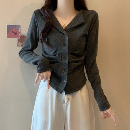 FA37335# 不规则polo领褶皱上衣女秋季新款正肩修身显瘦外穿打底衫长袖T恤 服裝批發女裝批發服飾貨源