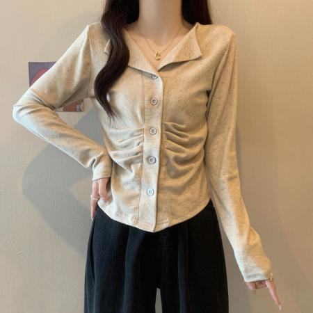 FA37335# 不规则polo领褶皱上衣女秋季新款正肩修身显瘦外穿打底衫长袖T恤 服裝批發女裝批發服飾貨源