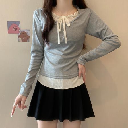 FA37336# 假两件内搭打底衫女新款秋季chic修身正肩长袖短款上衣小个子 服裝批發女裝批發服飾貨源