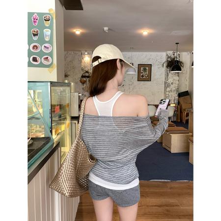 FA37342# 新款条纹纯色背心两件套装女 服裝批發女裝批發服飾貨源
