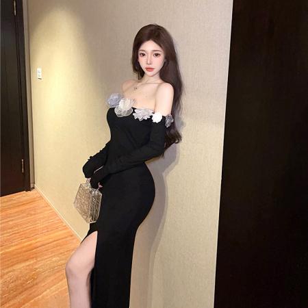 FA37343# 法式复古性感立体花朵一字肩连衣裙高腰修身开叉长袖连衣裙 服裝批發女裝批發服飾貨源