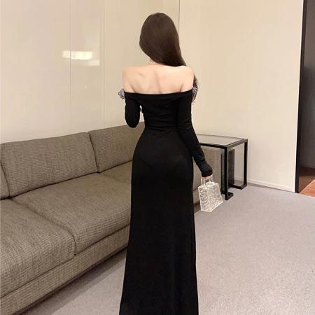 FA37343# 法式复古性感立体花朵一字肩连衣裙高腰修身开叉长袖连衣裙 服裝批發女裝批發服飾貨源
