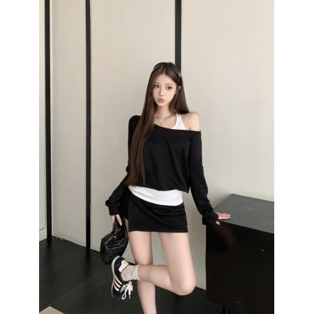 FA37345# chill假两件露肩宽松叠穿斜肩卫衣/高尔夫半身裙 服裝批發女裝批發服飾貨源