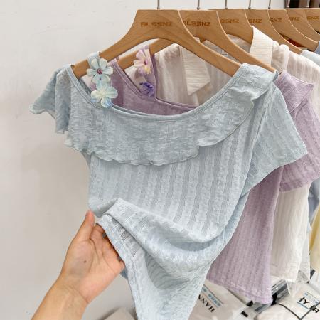 FA37349# 紫色荷叶边花朵吊带短袖t恤女夏季韩系收腰显瘦修身露肩 服裝批發女裝批發服飾貨源