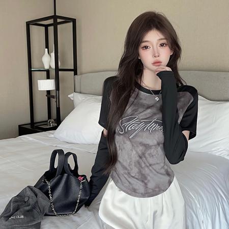 FA37351# 设计感别致镂空上衣女秋冬季减龄显瘦字母绣花长袖t恤 服裝批發女裝批發服飾貨源