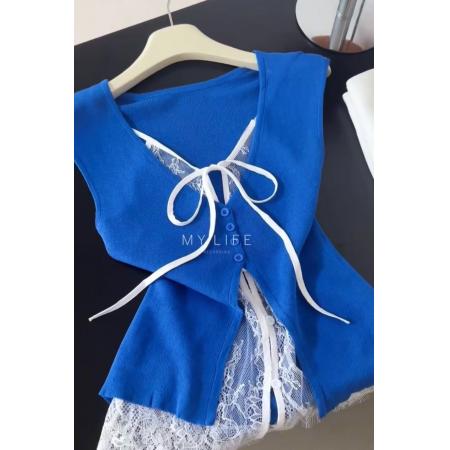 FA37355# 性感V领蕾丝拼接无袖挂脖背心女夏季新款外穿修身假两件上衣 服裝批發女裝批發服飾貨源