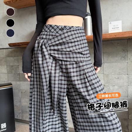 FA37356# 复古格子绑带阔腿裤女秋季新款高腰宽松垂感休闲直筒拖地长裤 服裝批發女裝批發服飾貨源