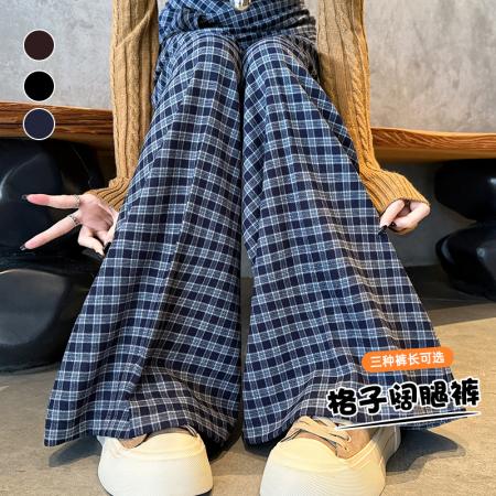 FA37356# 复古格子绑带阔腿裤女秋季新款高腰宽松垂感休闲直筒拖地长裤 服裝批發女裝批發服飾貨源