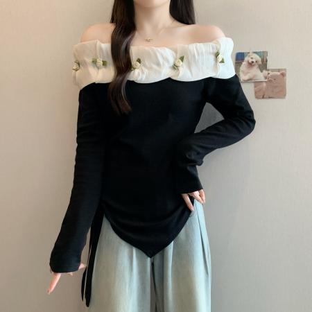FA37361# 新款秋胖MM女装上衣不规则绑带长袖一字露肩打底小衫 服裝批發女裝批發服飾貨源