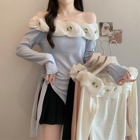 FA37361# 新款秋胖MM女装上衣不规则绑带长袖一字露肩打底小衫 服裝批發女裝批發服飾貨源