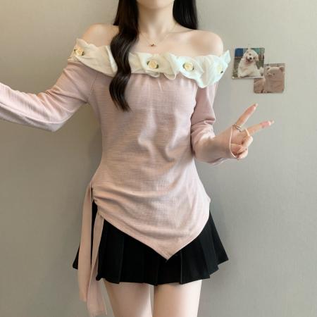 FA37361# 新款秋胖MM女装上衣不规则绑带长袖一字露肩打底小衫 服裝批發女裝批發服飾貨源