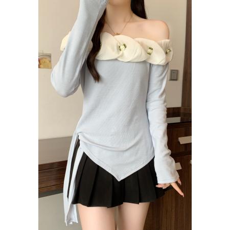 FA37361# 新款秋胖MM女装上衣不规则绑带长袖一字露肩打底小衫 服裝批發女裝批發服飾貨源