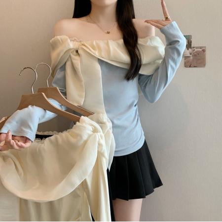 FA37362# 秋季法式蝴蝶结拼接一字肩小衫女新款法式优雅气质长袖上衣 服裝批發女裝批發服飾貨源