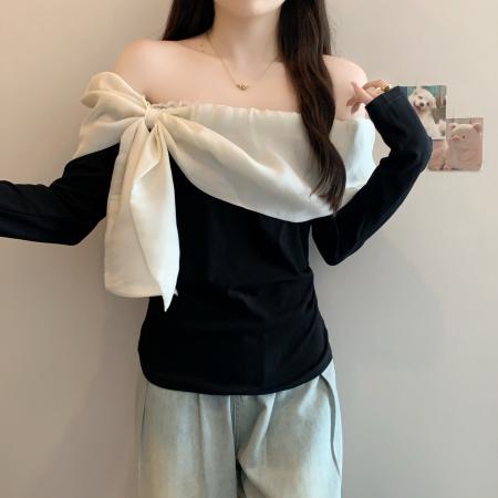 FA37362# 秋季法式蝴蝶结拼接一字肩小衫女新款法式优雅气质长袖上衣 服裝批發女裝批發服飾貨源
