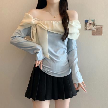 FA37362# 秋季法式蝴蝶结拼接一字肩小衫女新款法式优雅气质长袖上衣 服裝批發女裝批發服飾貨源