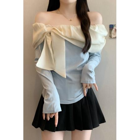FA37362# 秋季法式蝴蝶结拼接一字肩小衫女新款法式优雅气质长袖上衣 服裝批發女裝批發服飾貨源