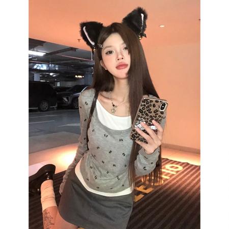 FA37365# 天丝羊绒别致假两件长袖T恤女春季小众辣妹风修身内搭上衣 服裝批發女裝批發服飾貨源