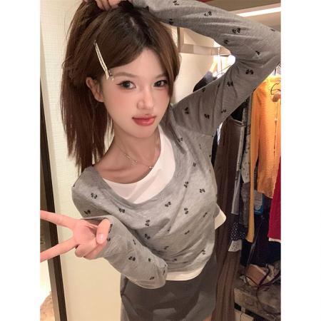 FA37365# 天丝羊绒别致假两件长袖T恤女春季小众辣妹风修身内搭上衣 服裝批發女裝批發服飾貨源
