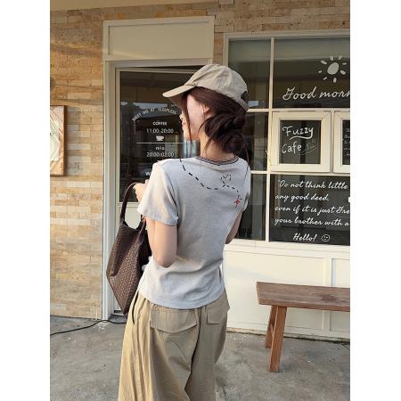 FA37366# 短袖t恤新款潮设计感印花修身短款圆领上衣女装 服裝批發女裝批發服飾貨源