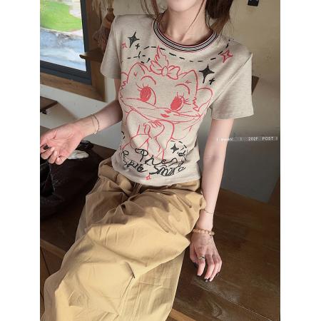 FA37366# 短袖t恤新款潮设计感印花修身短款圆领上衣女装 服裝批發女裝批發服飾貨源