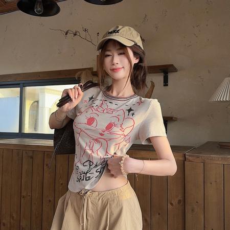 FA37366# 短袖t恤新款潮设计感印花修身短款圆领上衣女装 服裝批發女裝批發服飾貨源