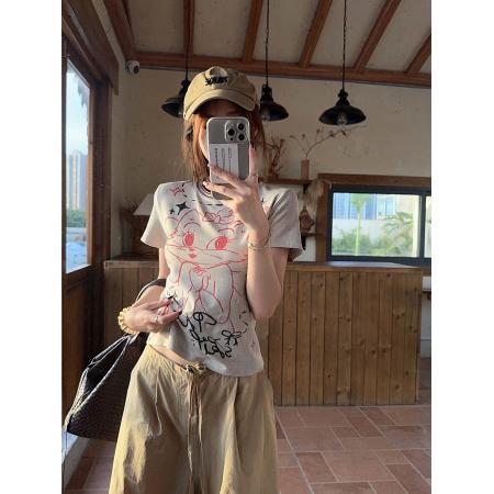 FA37366# 短袖t恤新款潮设计感印花修身短款圆领上衣女装 服裝批發女裝批發服飾貨源
