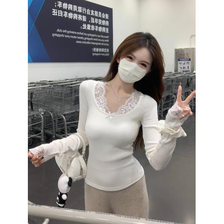 FA37367# 坑条长袖t恤女装初秋新款潮蕾丝修身打底衫圆领上衣 服裝批發女裝批發服飾貨源