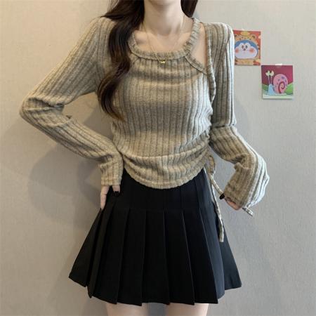 FA37368# 秋季韩版设计感抽绳系带收腰温柔甜美针织打底衫上衣 服裝批發女裝批發服飾貨源