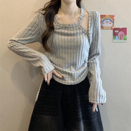 FA37368# 秋季韩版设计感抽绳系带收腰温柔甜美针织打底衫上衣 服裝批發女裝批發服飾貨源