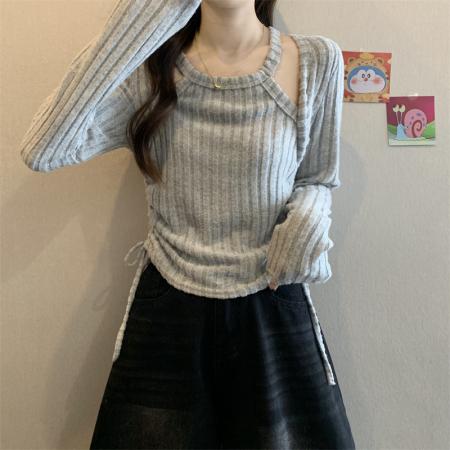 FA37368# 秋季韩版设计感抽绳系带收腰温柔甜美针织打底衫上衣 服裝批發女裝批發服飾貨源