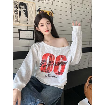 FA37371# 华棉复合美式复古字母印花长袖卫衣斜肩别致上衣 服裝批發女裝批發服飾貨源
