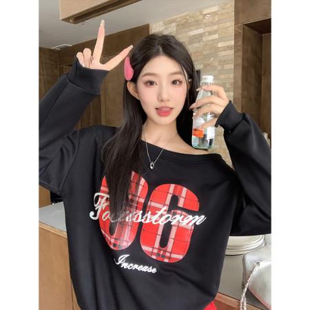 FA37371# 华棉复合美式复古字母印花长袖卫衣斜肩别致上衣 服裝批發女裝批發服飾貨源