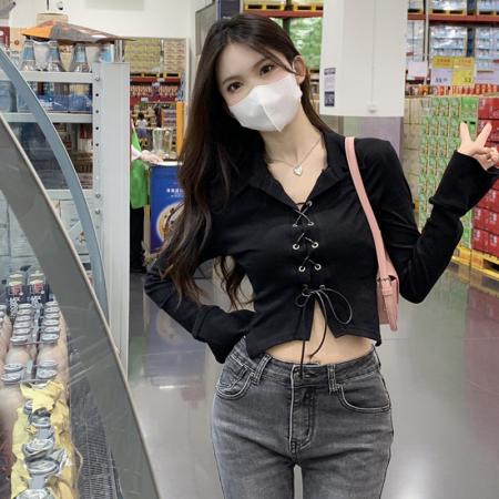 FA37373# polo领长袖短款t恤女春秋辣妹绑带显瘦内搭打底衫上衣 服裝批發女裝批發服飾貨源
