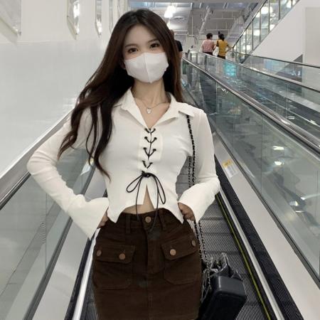 FA37373# polo领长袖短款t恤女春秋辣妹绑带显瘦内搭打底衫上衣 服裝批發女裝批發服飾貨源