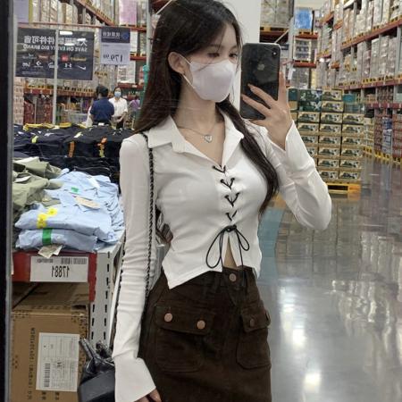 FA37373# polo领长袖短款t恤女春秋辣妹绑带显瘦内搭打底衫上衣 服裝批發女裝批發服飾貨源