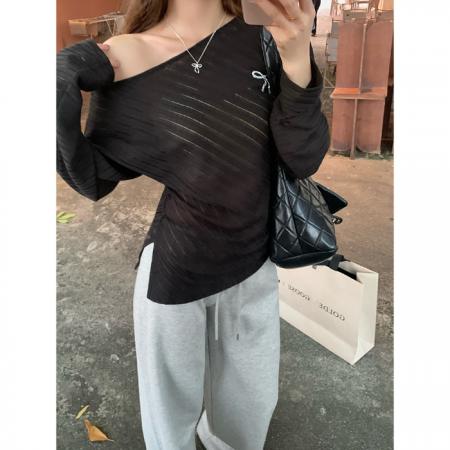 FA37374# 韩系白色斜肩长袖打底chic甜辣妹设计感露肩上衣 服裝批發女裝批發服飾貨源