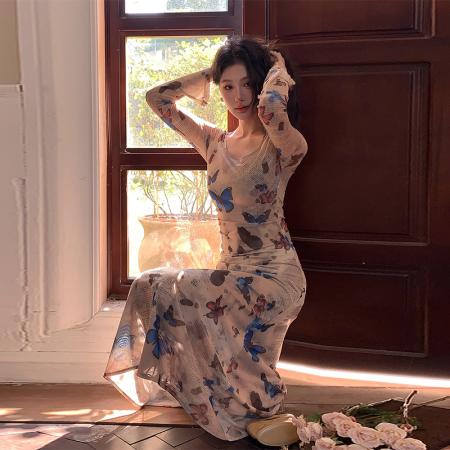 FA37376# 辣妹复古蝴蝶印花连衣裙抽褶收腰性感修身包臀长裙 服裝批發女裝批發服飾貨源