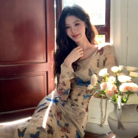 FA37376# 辣妹复古蝴蝶印花连衣裙抽褶收腰性感修身包臀长裙 服裝批發女裝批發服飾貨源