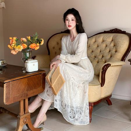 FA37378# 法式高级感长裙子显瘦长袖蕾丝连衣裙 送腰带 服裝批發女裝批發服飾貨源