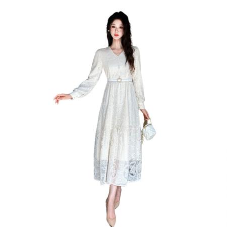 FA37378# 法式高级感长裙子显瘦长袖蕾丝连衣裙 送腰带 服裝批發女裝批發服飾貨源