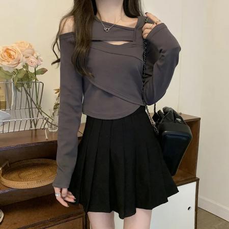FA37379# 冰丝螺纹1*1不规则短款独特别致小上衣女 服裝批發女裝批發服飾貨源