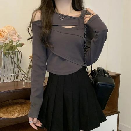 FA37379# 冰丝螺纹1*1不规则短款独特别致小上衣女 服裝批發女裝批發服飾貨源
