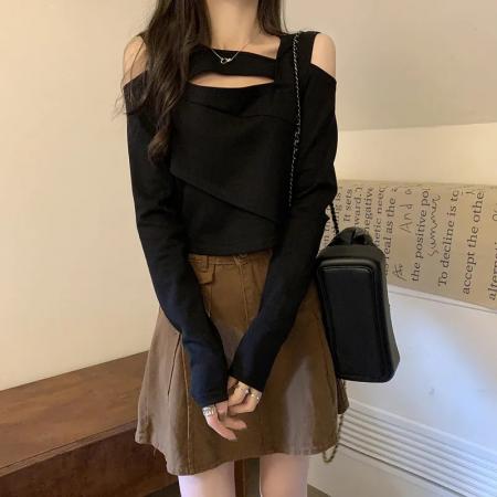 FA37379# 冰丝螺纹1*1不规则短款独特别致小上衣女 服裝批發女裝批發服飾貨源