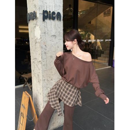 FA37381# 早秋设计感时尚斜领露肩长袖卫衣女格子拼接微喇叭裤套装 服裝批發女裝批發服飾貨源