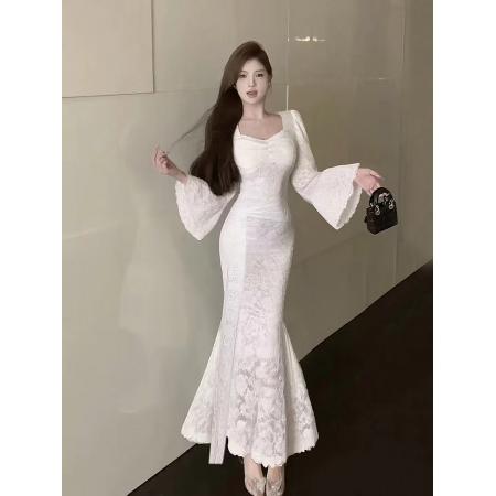FA37386# 网图秋冬新款名媛气质高级感性感喇叭袖蕾丝连衣裙 服裝批發女裝批發服飾貨源