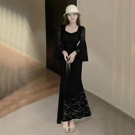 FA37386# 网图秋冬新款名媛气质高级感性感喇叭袖蕾丝连衣裙 服裝批發女裝批發服飾貨源