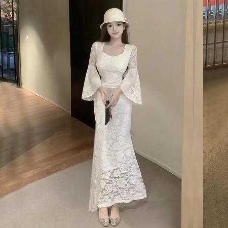 FA37386# 网图秋冬新款名媛气质高级感性感喇叭袖蕾丝连衣裙 服裝批發女裝批發服飾貨源