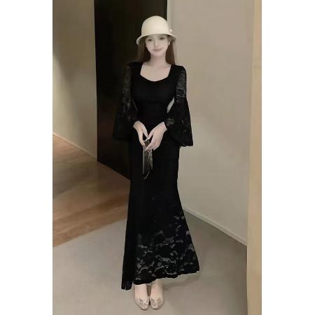 FA37386# 网图秋冬新款名媛气质高级感性感喇叭袖蕾丝连衣裙 服裝批發女裝批發服飾貨源